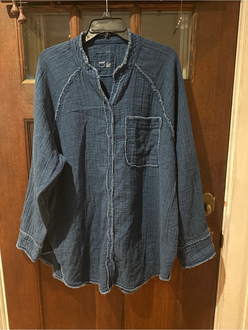 aerie Navy Washed Gauze Button-Front Shirt 100% Cotton 25” PTP - Picture 3 of 7